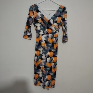 Half Sleeve Dress Watercolor Patch Lemon Orange Gray Petal Abstract V Neck S Zip
